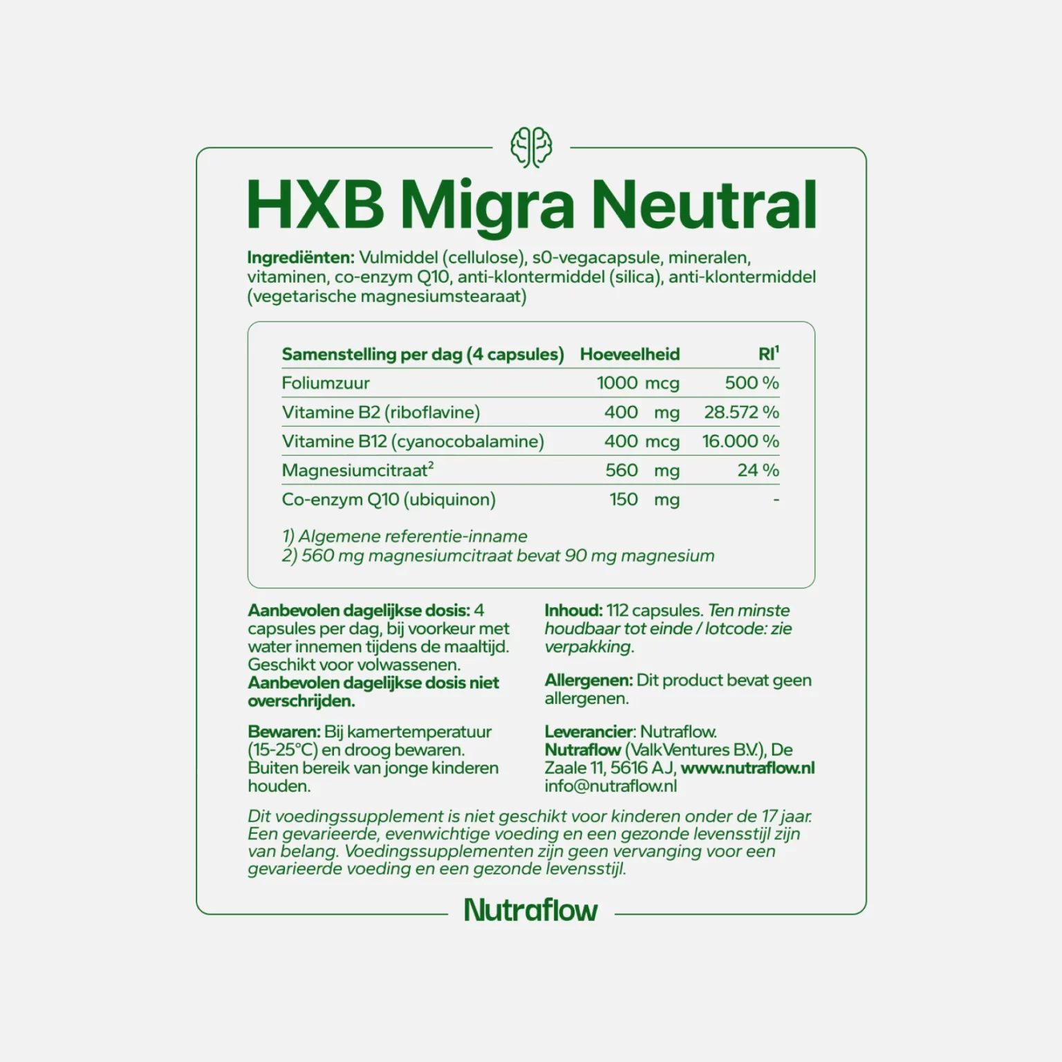 hxb migra neutral migraine supplement ingredienten lijst vitamine b2 b12 co enzym q10 magnesium foliumzuur